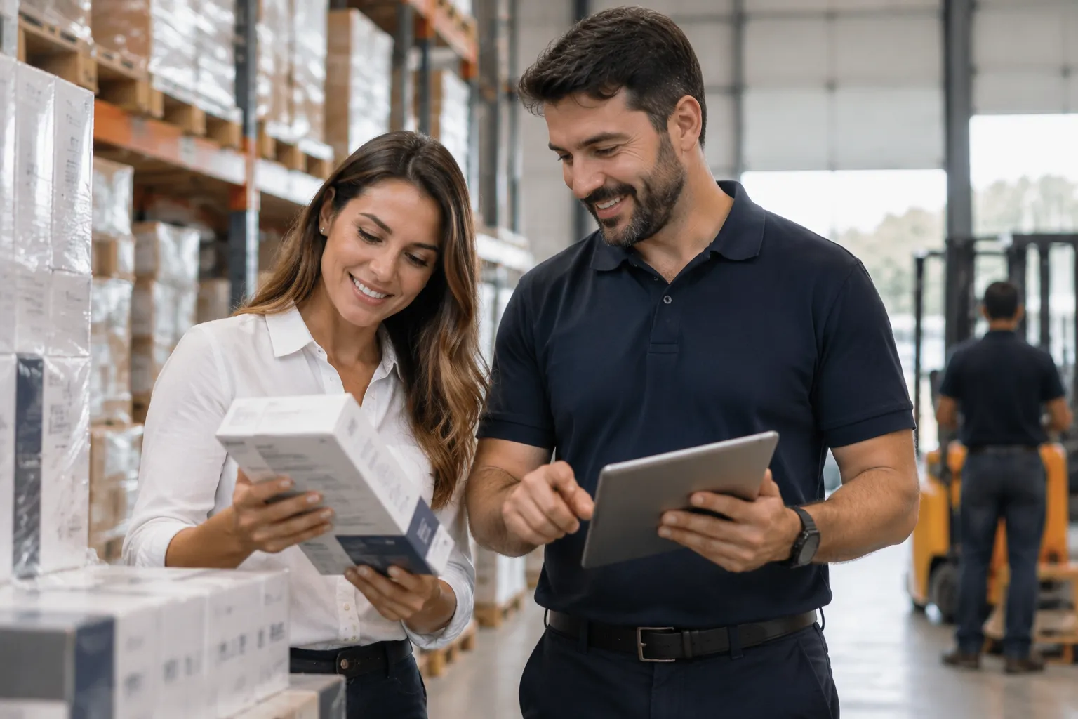 Duas pessoas analisam produtos em um estoque com um tablet.