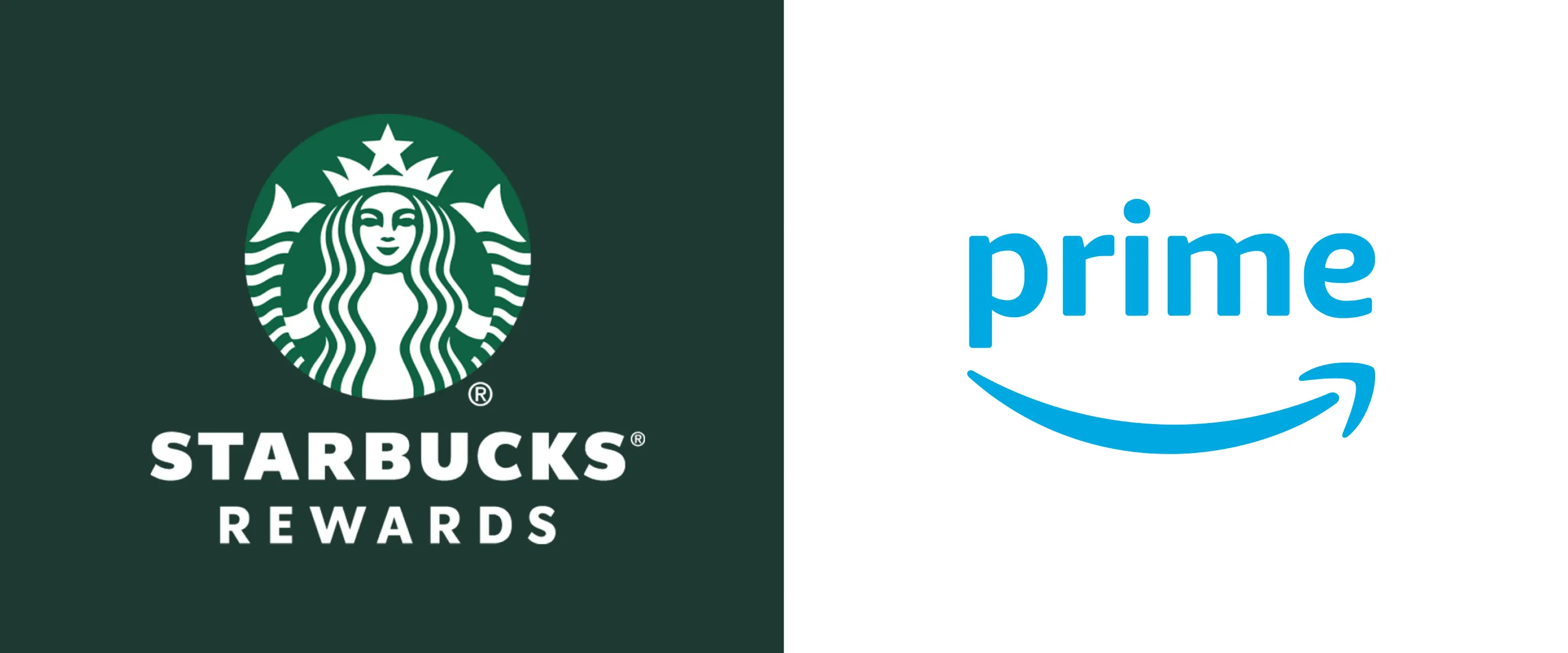  Os logotipos da Starbucks Rewards e do Amazon Prime lado a lado. À esquerda, o logotipo da Starbucks apresenta a famosa sereia em verde e branco, com a palavra "REWARDS" em destaque. À direita, o logotipo do Amazon Prime é em azul, com a palavra "prime" e um sorriso estilizado abaixo. O fundo do logotipo da Starbucks é verde e o do Amazon Prime é branco.