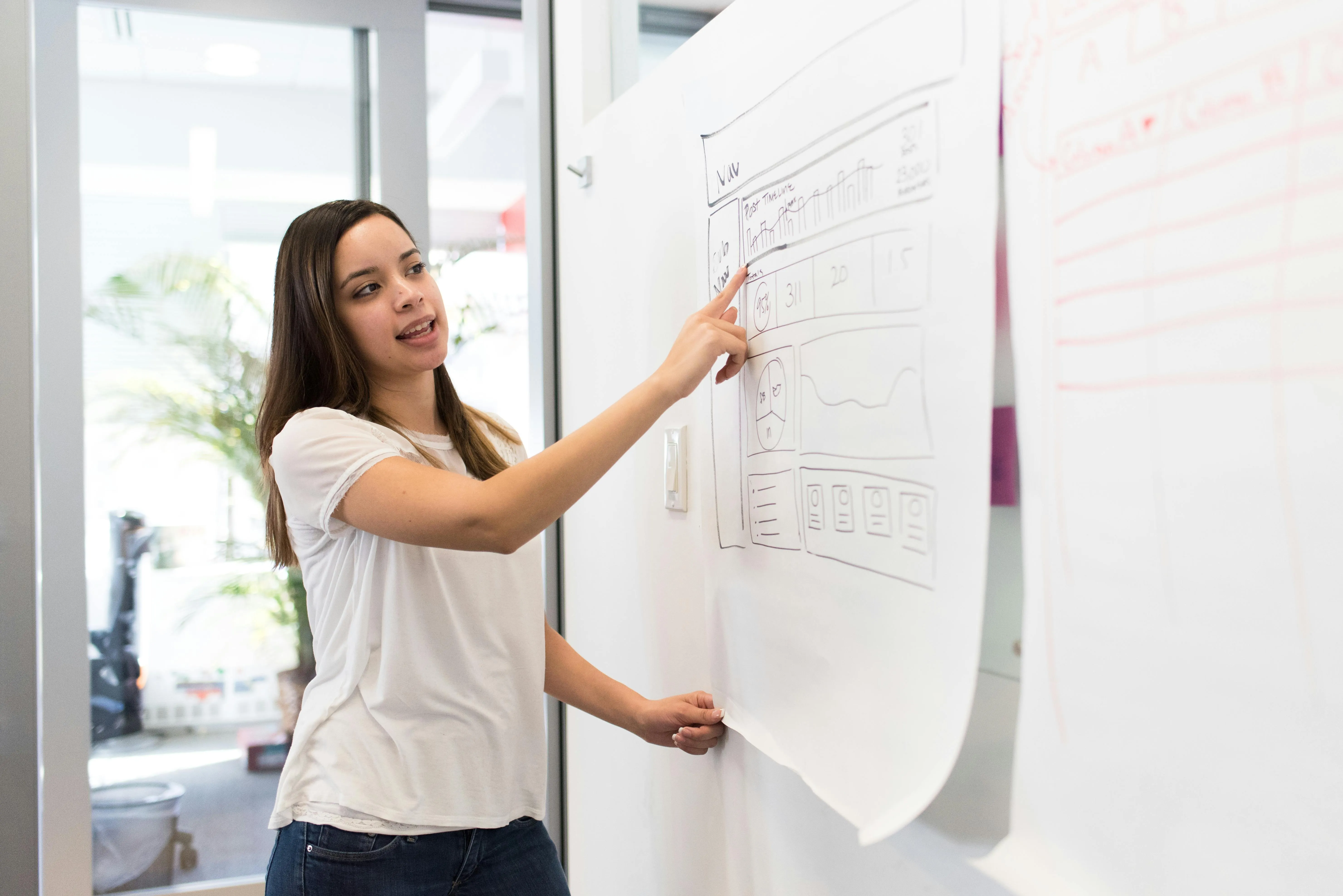 #FotoDescrição Mulher jovem apresentando um layout de site desenhado em uma folha grande presa à parede, demonstrando uma ideia ou estratégia para colegas em um ambiente de trabalho colaborativo.