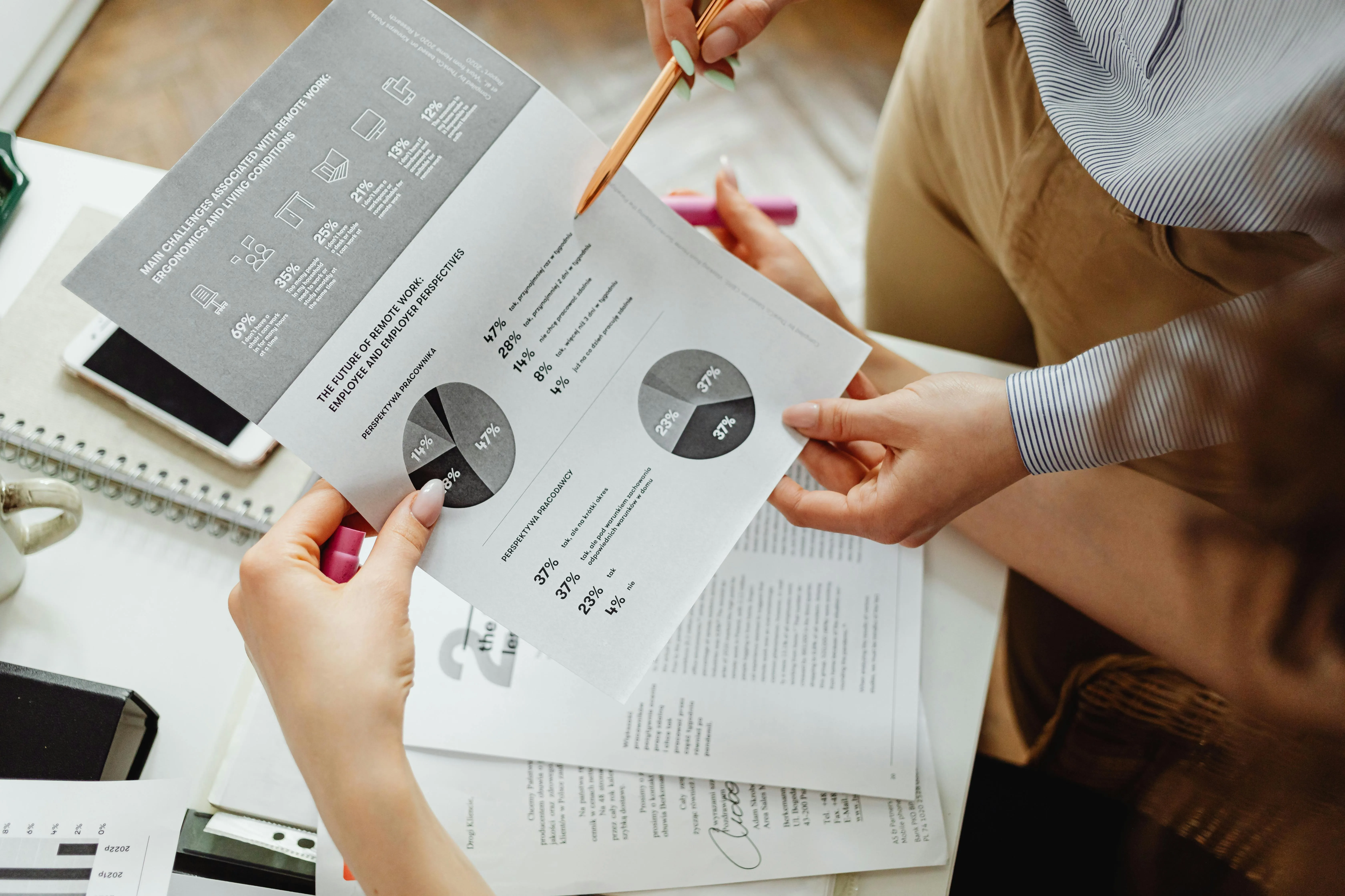 Pessoas analisando gráficos e relatórios sobre trabalho remoto.