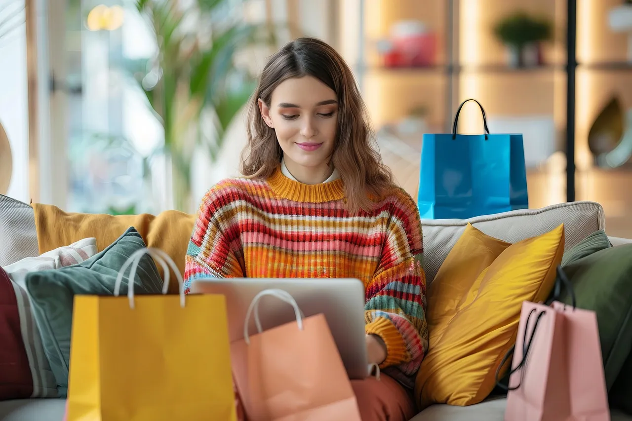 #FotoDescrição: Mulher em casa, comprando produtos de beleza online, rodeada de sacolas de compras.