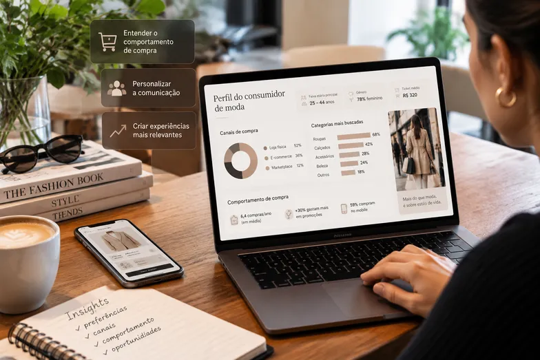 Mulher analisa dados de comportamento de consumidores de moda em laptop.