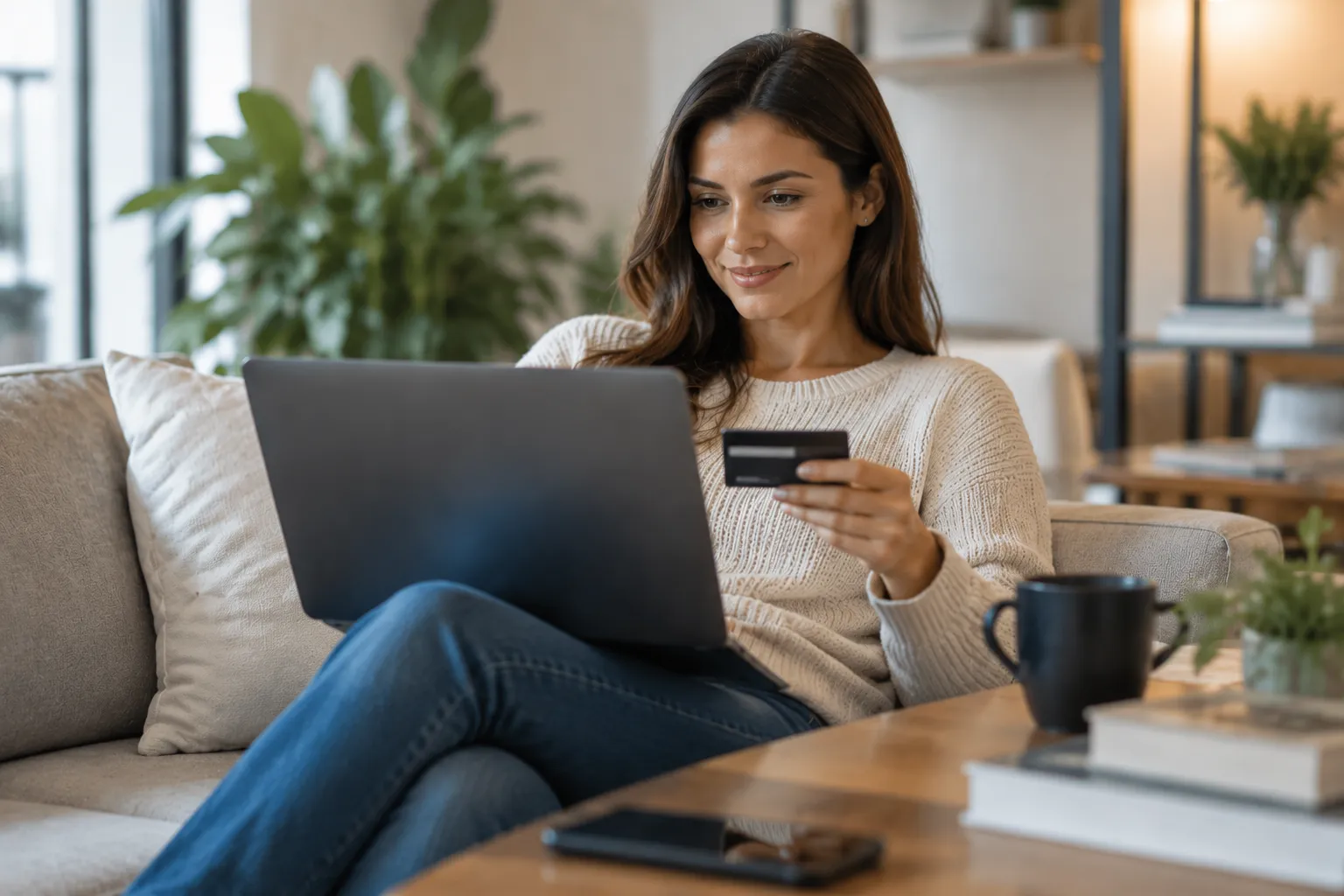 Mulher compra online com notebook e cartão de crédito.