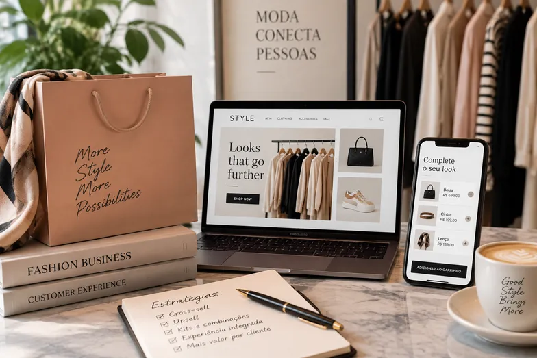 Loja online de moda em notebook e celular, com estratégias de venda.