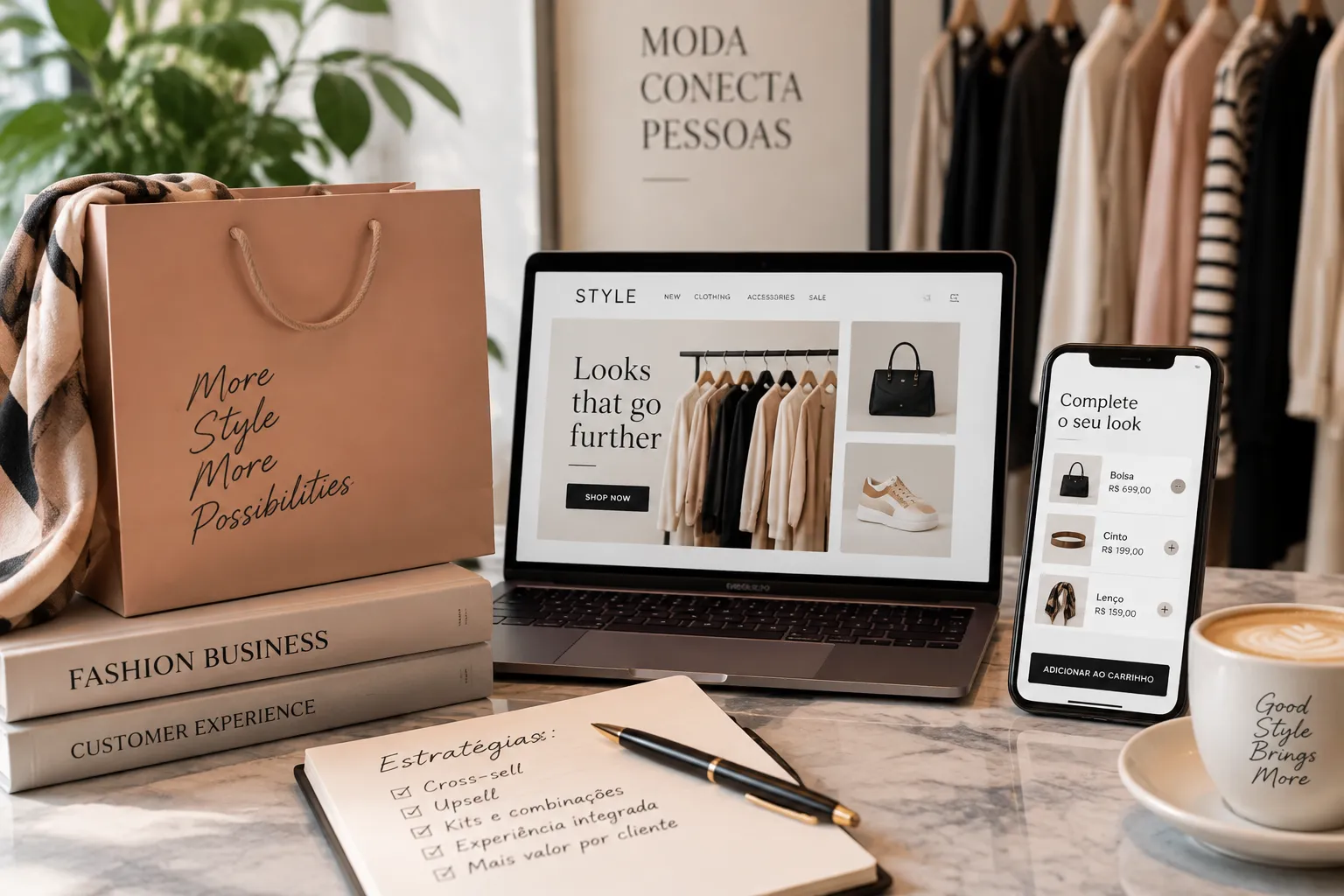 Loja online de moda em notebook e celular, com estratégias de venda.