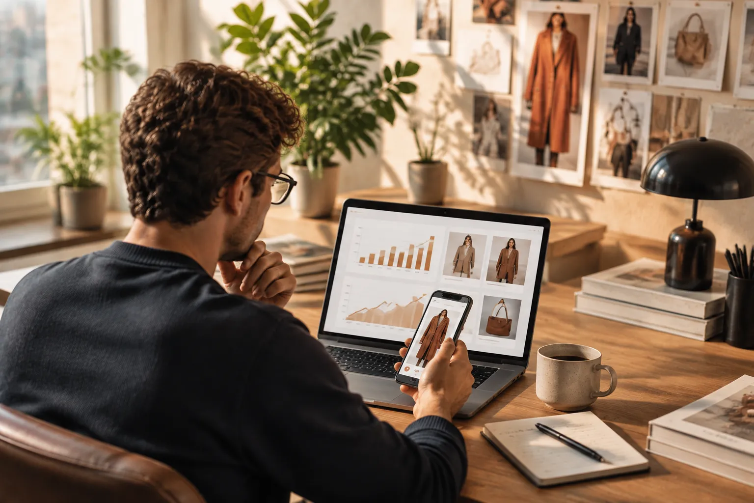 Homem analisando dados de moda no notebook e celular.