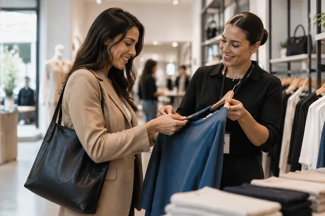 Cliente e vendedora analisam uma peça de roupa em loja.