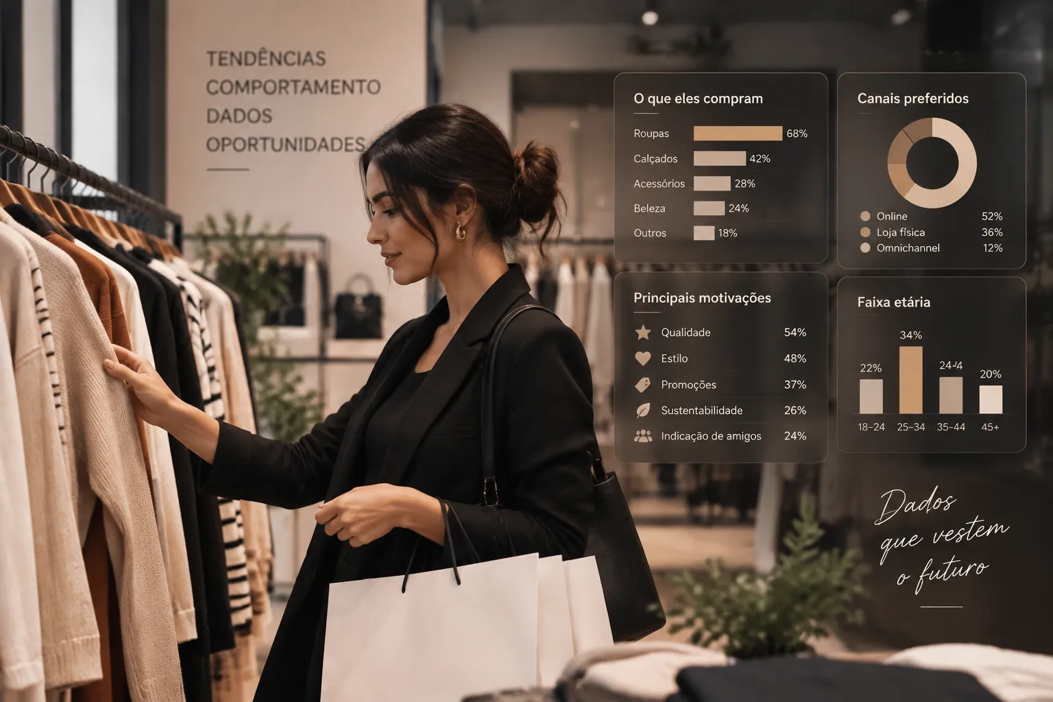 Mulher observa roupas enquanto gráficos mostram tendências de consumo.