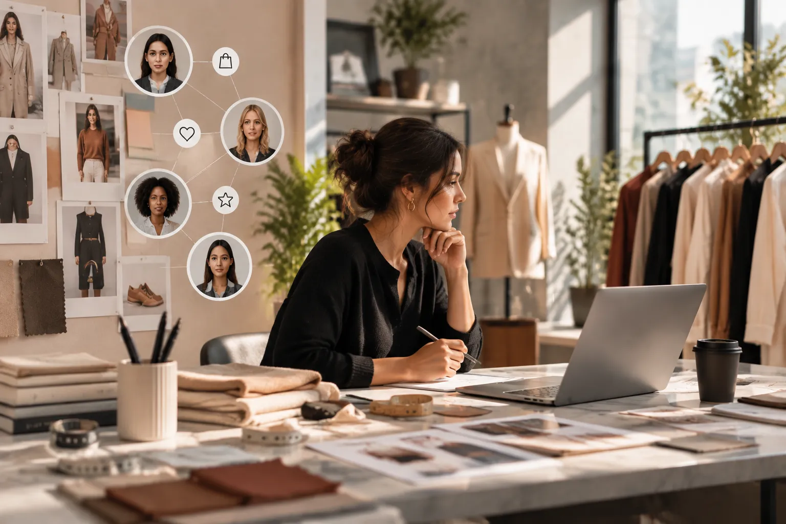 Profissional analisa perfis de clientes para personalizar experiências de moda.